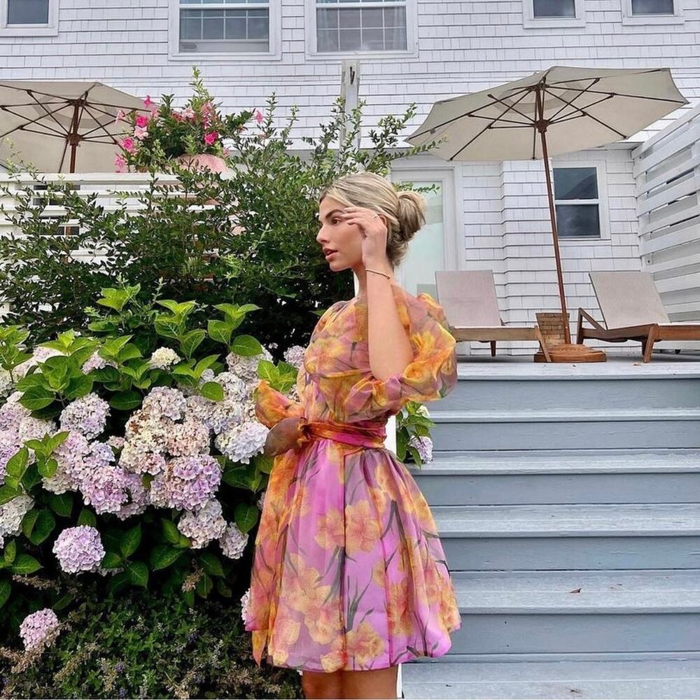 Cynthia Rowley Daffodil Wrap Dress Pink Floral Organza Puff Sleeve Party Size M